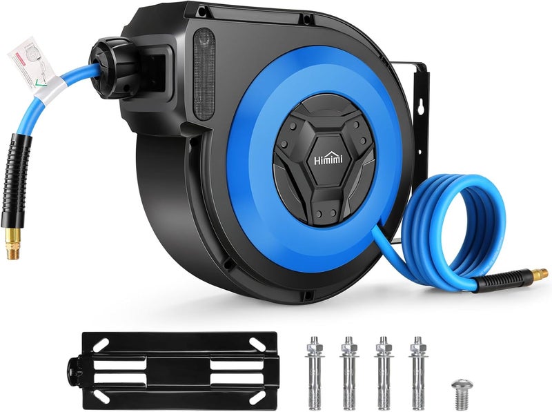 Himimi 50FT + 6.6FT Retractable Air Hose Reel, Ceiling/Wall Mount Penumatic Hose Reel for Garage Workshop, Auto Rewind, 3/8" x 50' Hybrid Air Hose Reel with Brass Fittings + Bend Restrictors, 300PSI - Image 1